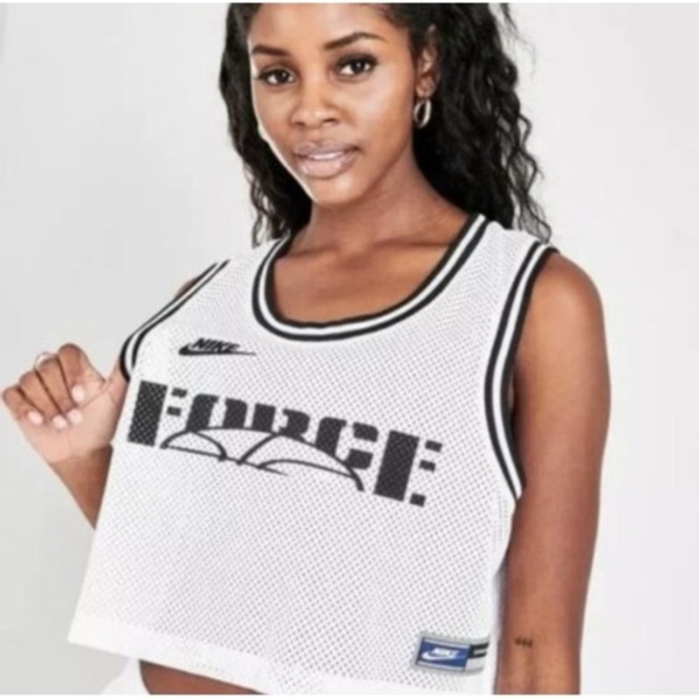 Nike AF1 Force‎ Jersey Tank Top Women L White Black Mesh Equality Cropped Loose
